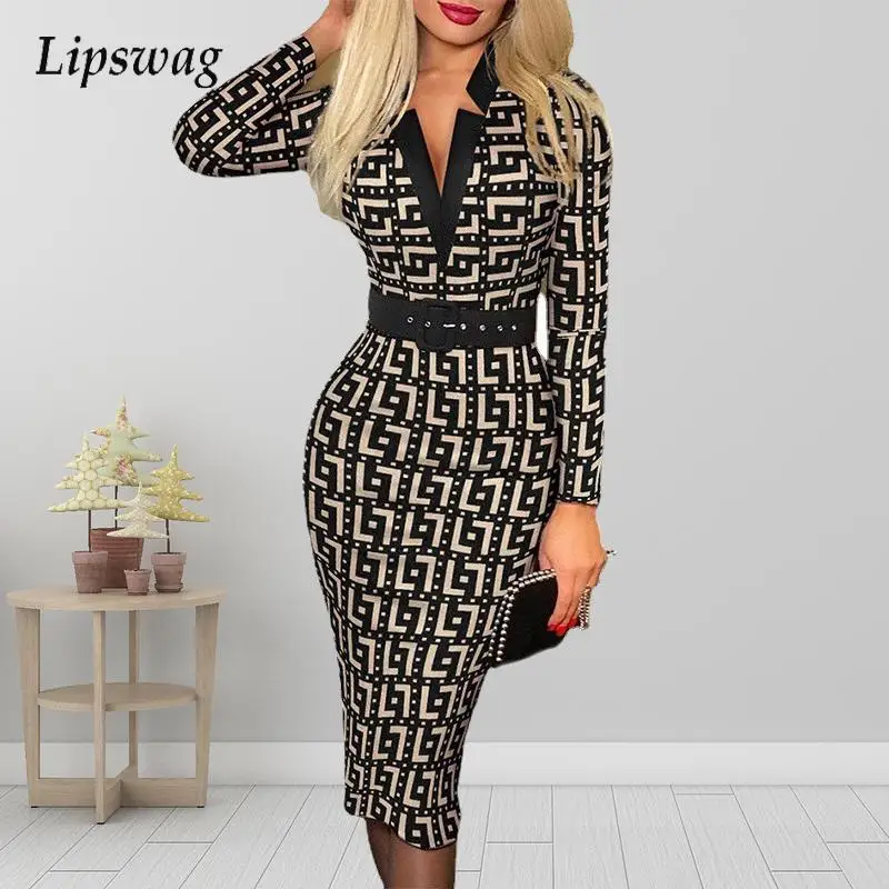 

Женское офисное платье с поясом, Повседневное платье средней длины с длинным рукавом, V-образным вырезом и принтом в клетку в ретро стиле, ве...