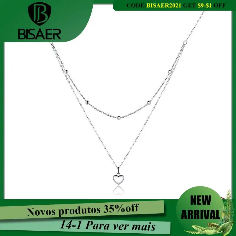 

BISAER Necklaces 100% 925 Sterling Silver Heart Shape Love Pendants Original Link Chain For Women Fine Jewelry Gift HVN168