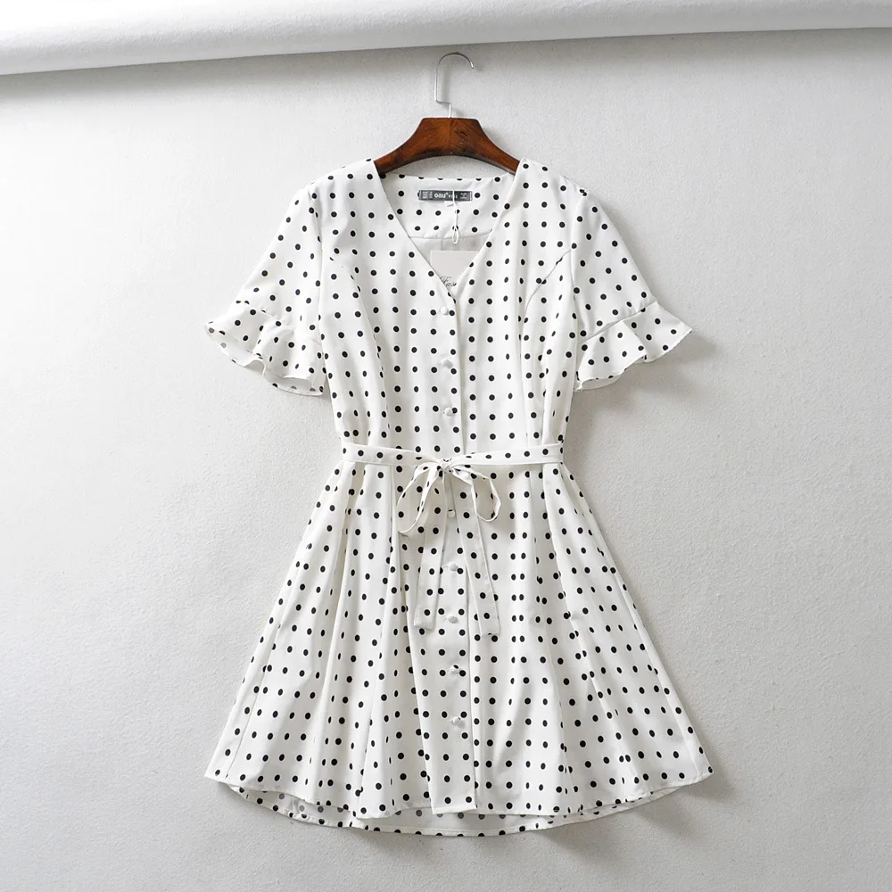 Женское платье в горошек с v образным вырезом мини коротким рукавом бантом и