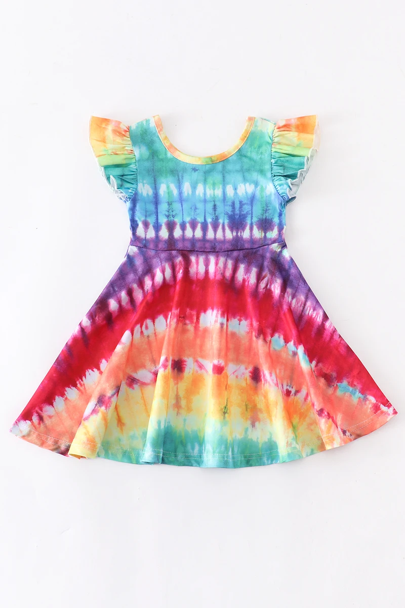 

Girlymax Baby Girls Summer Children Clothes Milk Silk Tie Dye Dinosaur Cow Strewberry Short Sleeve Twirl Dress Knee Length