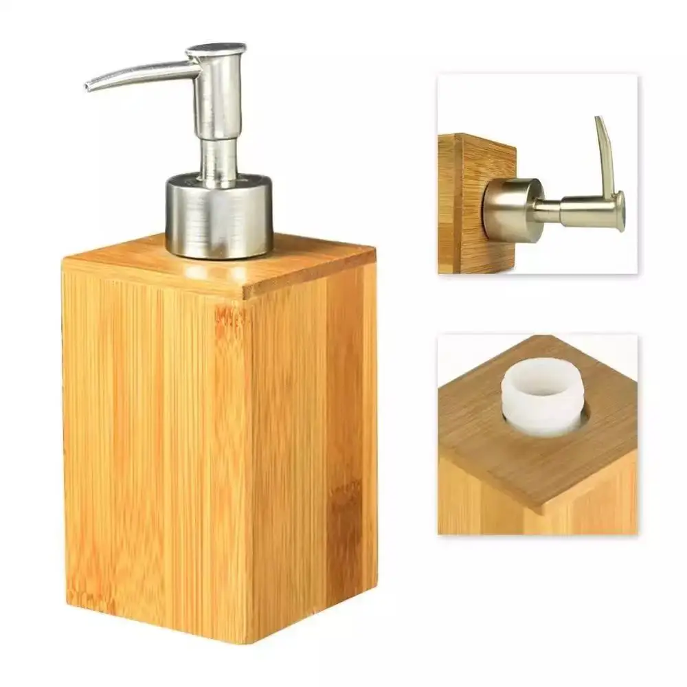 

Bamboo bathroom liquid foam soap dispenser square shampoo bottle lotion dispenser with stainless steel pump