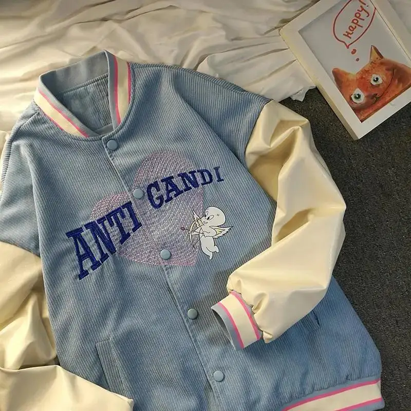 

Вельветовая Синяя Женская куртка с милым мультяшным принтом уличная одежда большого размера на пуговицах Новинка Осень 2021 модные корейски...