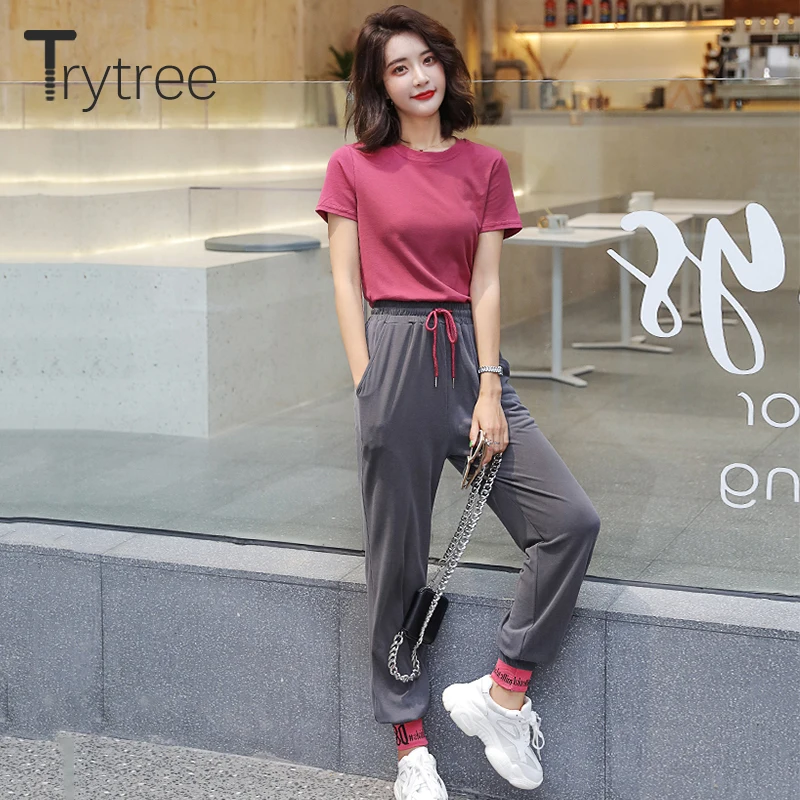 Trytree/летние женские комплекты из двух предметов однотонные повседневные