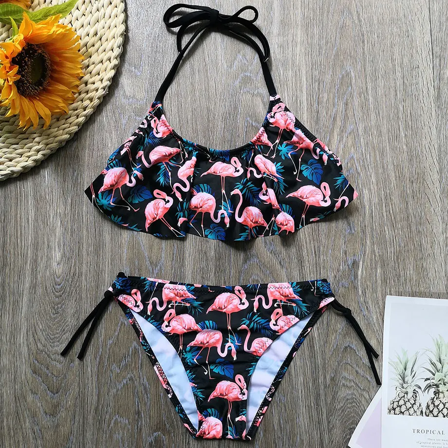

5-14 Years Girl Swimsuit Kids Tropical Avocado Print Teenage Girl Bikini Set Halter Top Girls Bathing Suits Children's Swimwear