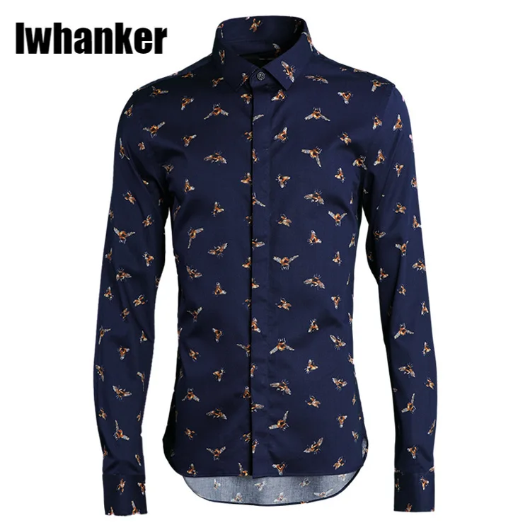 100% Cotton Men Shirt Fashion Bee Allover Printed Men Shirt Long Sleeve Dress Shirt Luxury Mens Shirts Casual Slim Fit