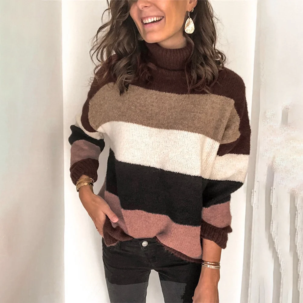 

Womens Loose Fit Plus Size Pullovers Sweater Long-Sleeve Turtleneck Office Lady Stripe Pattern Sweater Knit Tops