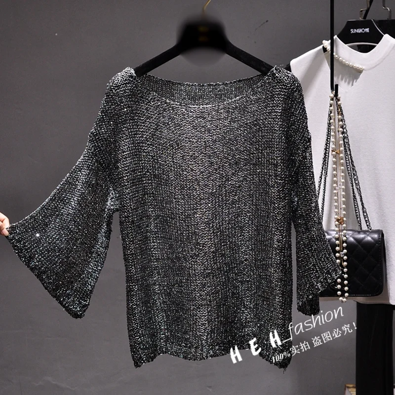Qooth Shiny Lurex Sequin Sweater Women Long Sleeve Pullover Round Neck Golden Basic Shirt Knit Tops Jumper QH2174 | Женская одежда