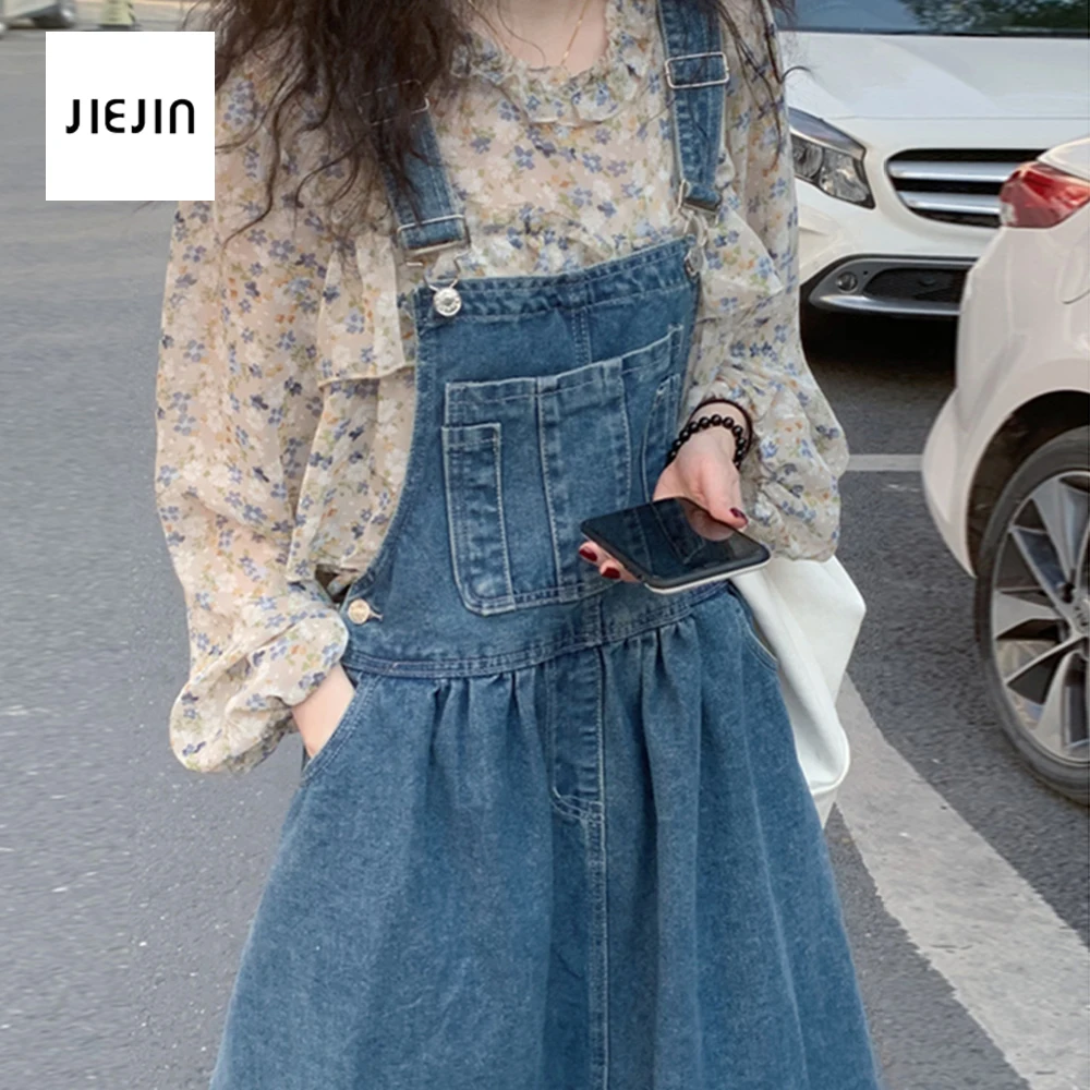 

Summer 2021 Loose Korean Dress Pockets Medium-Length Dress Women Denim Suspender Blue Sleeveless Solid A Line Denim Dress