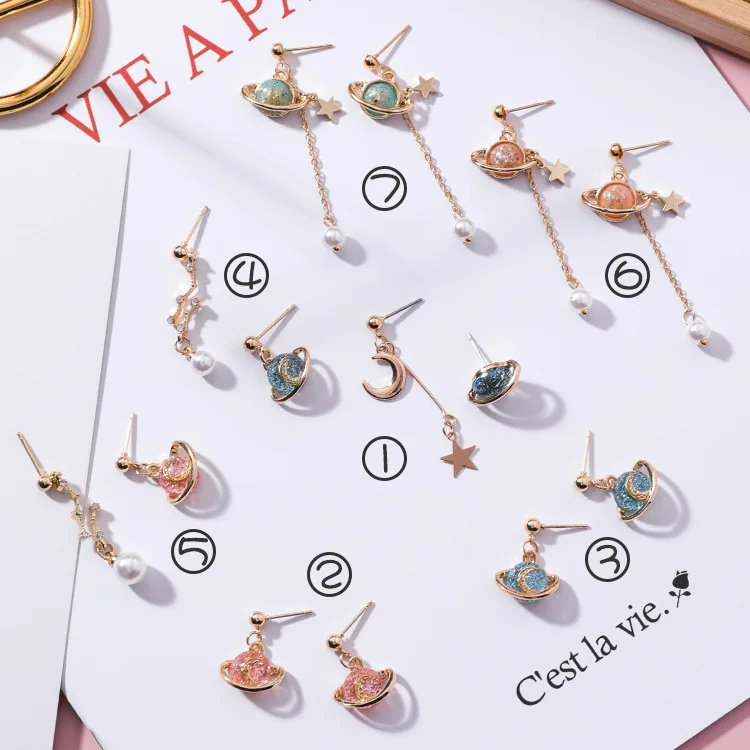 Корейские креативные цветные Серьги планета Сатурн милая девушка Луна Звезда