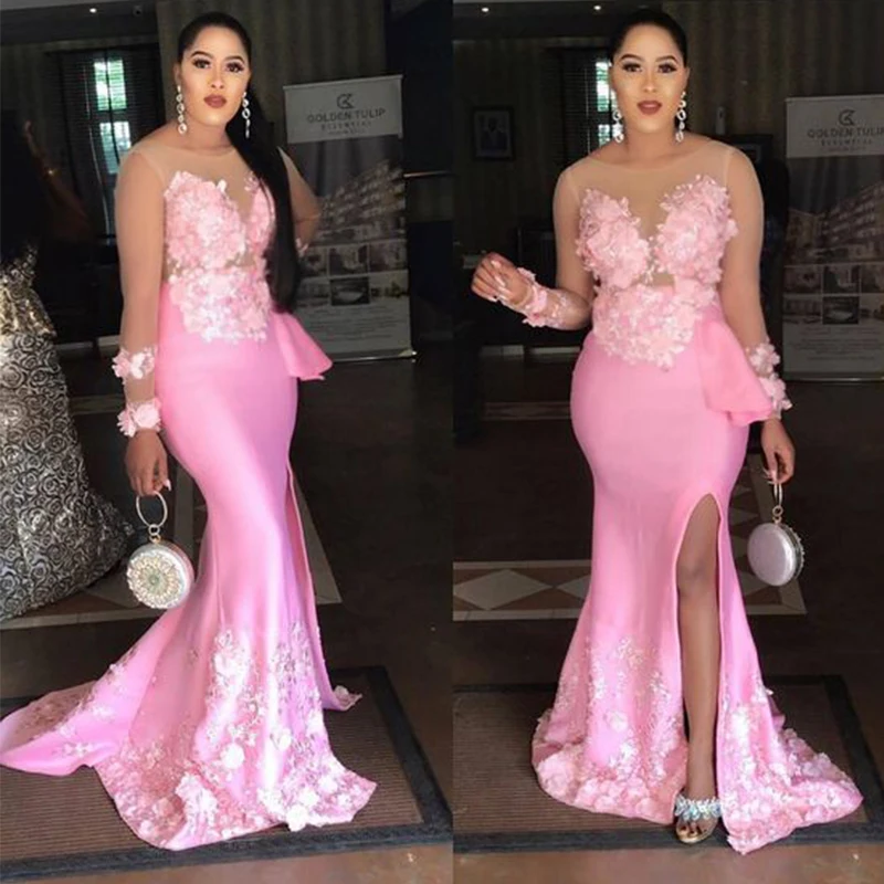 

Sexy Mermaid Pink Prom Formal Dresses Sheer Sleeves Split Appliques Flowers Evening Party Gowns Abendkleider Robe De Soiree