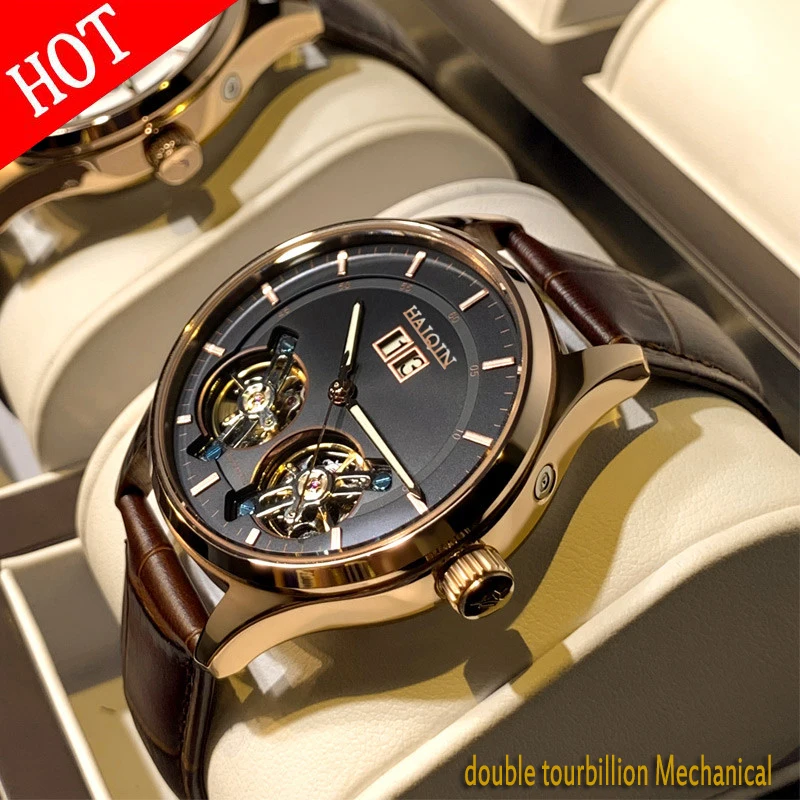 HAIQIN мужские часы Топ бренд Роскошные Механические Спортивные с двойным турбином