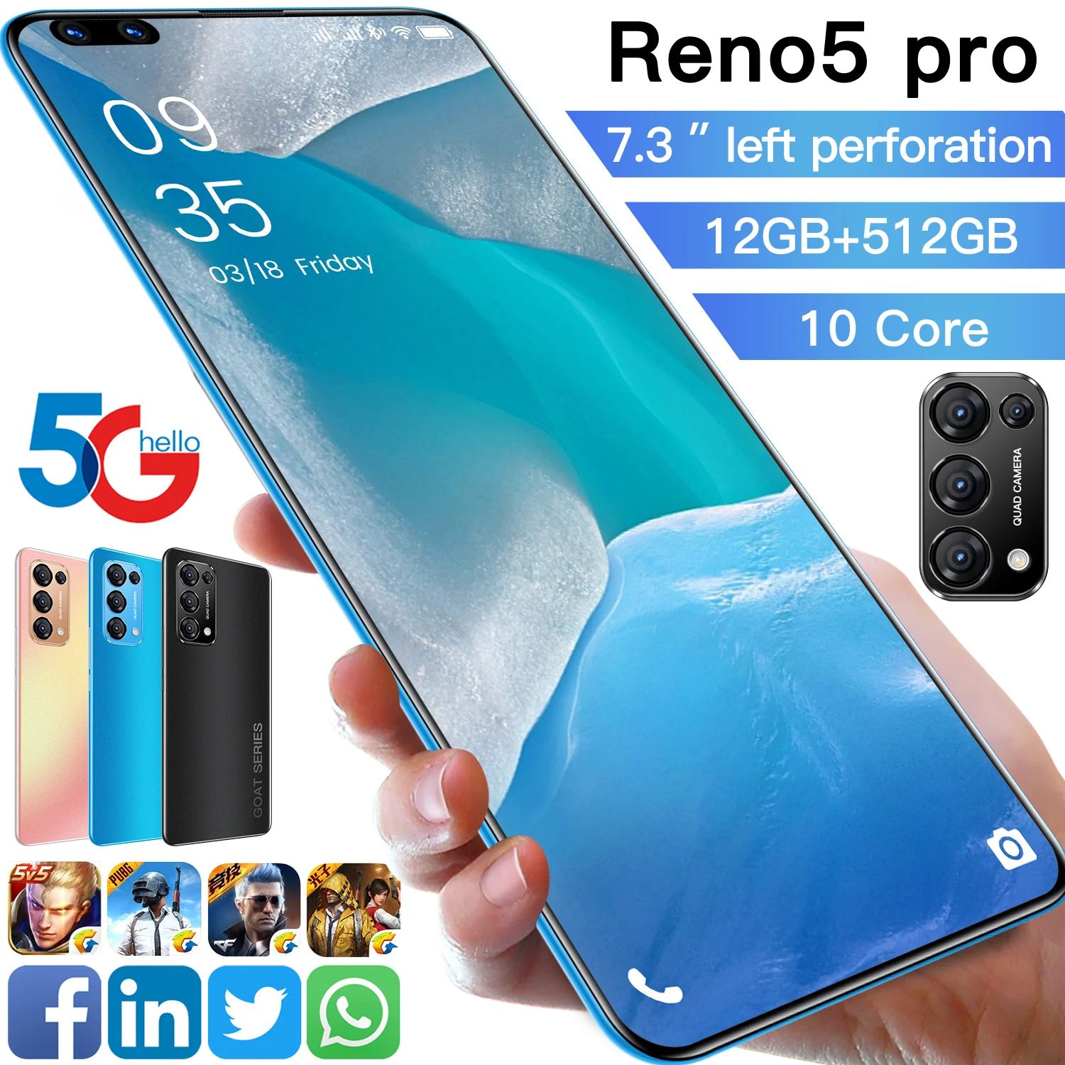 

Reno5 Pro 8GB RAM 256GB ROM 7.3 Inch Fingerprint Unlock 16+28MP Smart Phone Global Version 10 Core Face ID MTK6797 Andriod Phone