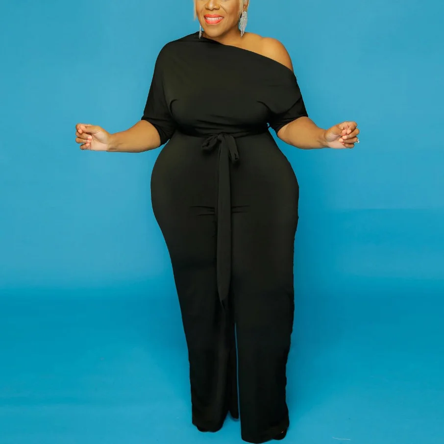Plus Size Blue Jumpsuits and Rompers For Women 4xl 5xl High Waist Half Sleeve Skew Collar Solid Femme Jumpsuits Big Size 2020