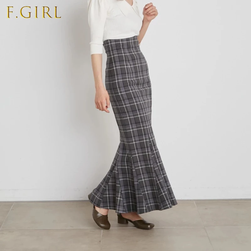 

Элегантная облегающая длинная юбка-годе, женские осенние новые повседневные универсальные юбки, женские винтажные клетчатые юбки в японск...