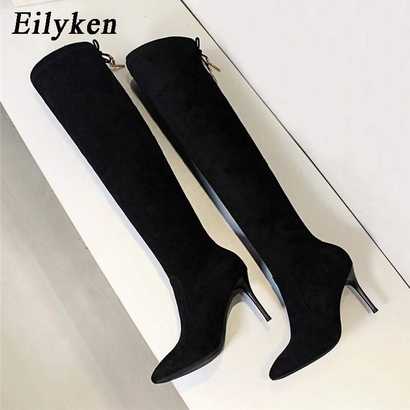 Женские теплые плюшевые ботфорты EilyKen зимние высокие сапоги из флока с острым