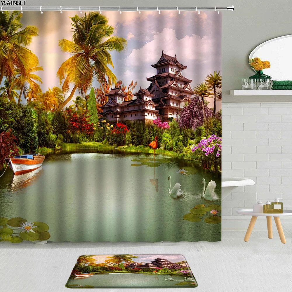 

2Pcs Natural Landscape Garden Shower Curtain Attic Tropical Plants Swan River Fabric Non-Slip Bath Mat Home Decor Bathroom Set