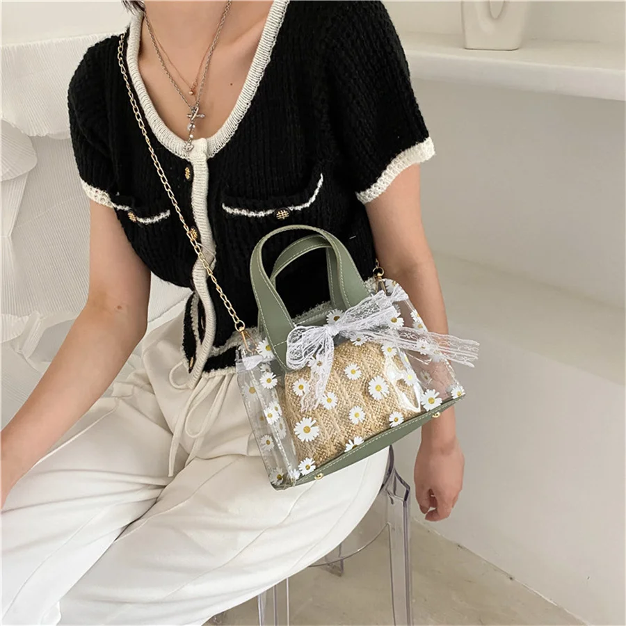 Прозрачная Плетеная соломенная сумка через плечо с цепочкой Женская квадратная