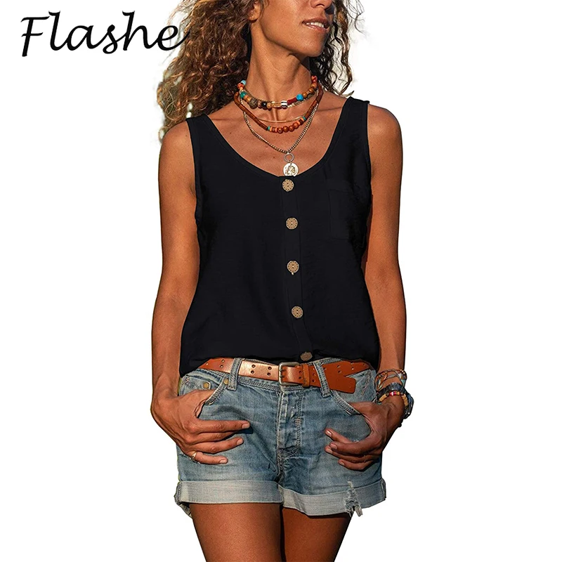 

Женская майка без рукавов, с V-образным вырезом, на пуговицах