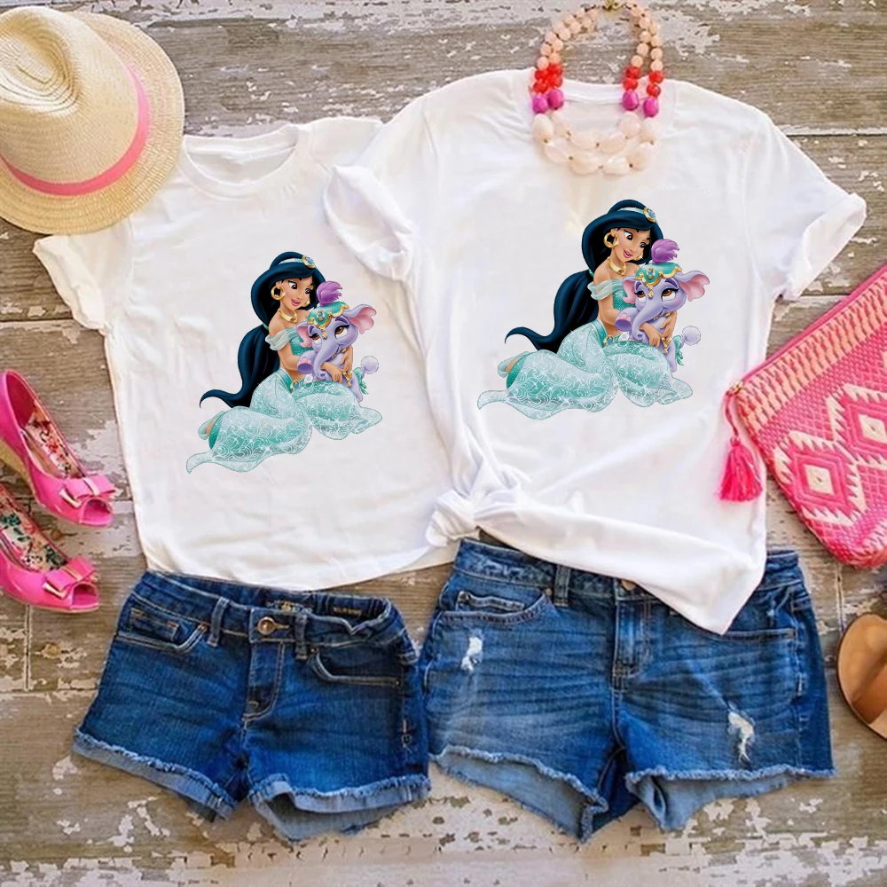 

Disney Family Matching Women T-Shirt Beautiful Jasmine Princess Printed Summer Mom and Baby Clothes Elegant Style Femme Vetement