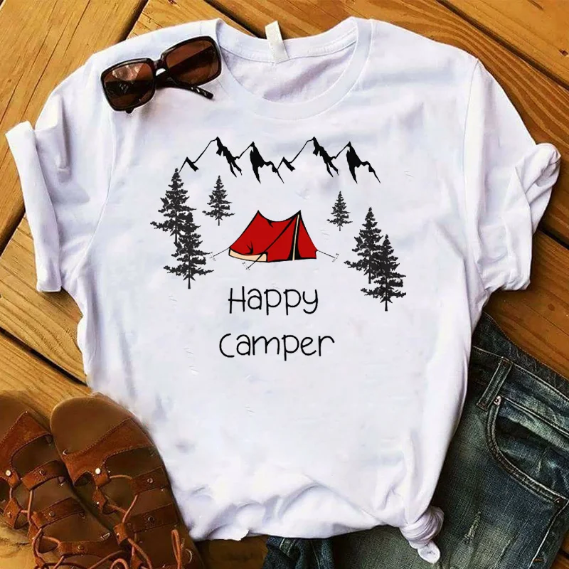 

Women Lady T Shirt Happy Camper Floral Printed Tshirt Ladies Short Sleeve Tee Shirt Women Female Tops Clothes Graphic T-shirt