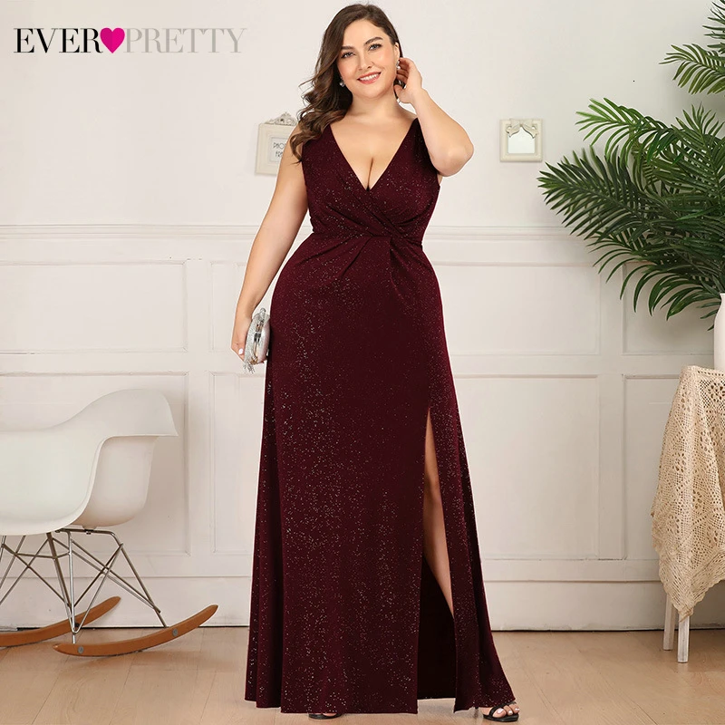 

Plus Size Glitter Prom Dresses Ever Pretty EP07505 Double V-Neck Side Split Ruched Sleeveless Sexy Party Gowns Bestidos De Gala