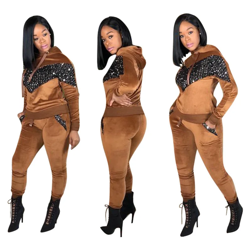 Women Fall Winter Velvet Hooded Long Sleeve Hot Drilling Rhinestone Sweatshirts Pencil Pants Two Pieces Sets Tracksuits Outfits |