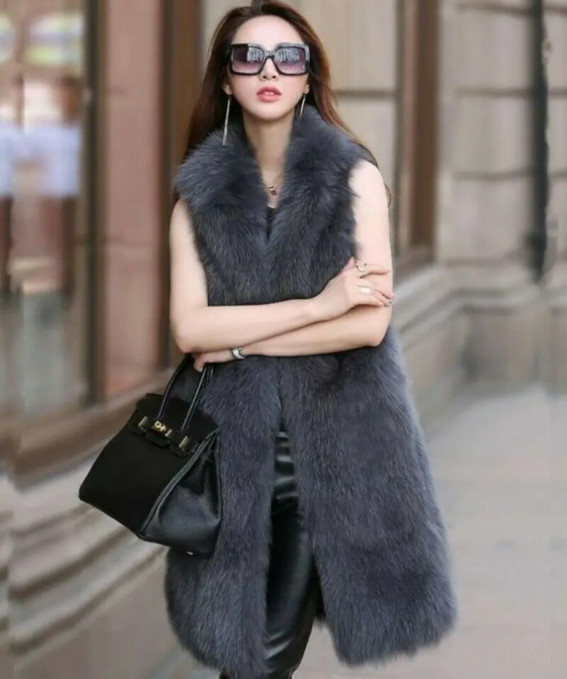 Новинка Модный женский длинный жилет из искусственной лисы зимний Повседневная