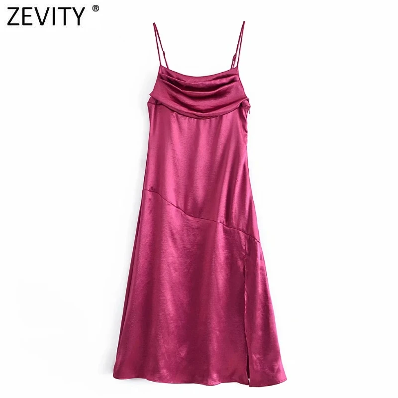 

ZEVITY 2021 женское сексуальное Плиссированное дизайнерское блестящее атласное платье на бретельках с разрезом женское шикарное повседневное ...