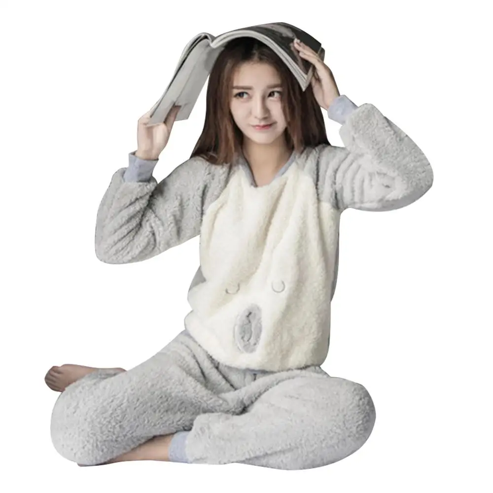 2pcs Autumn Winter Women Thin Flannel Women Pajama Set Pullover Thick Coral Velvet Long Sleeve Cartoon Homewear Dropshipping - Цвет: as picture