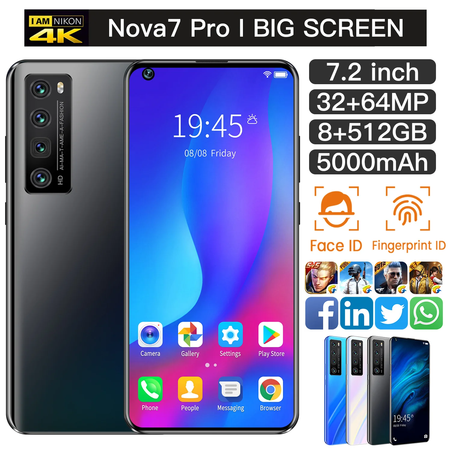 

New Global Version Nova7Pro Smartphone 7.2Inch 5000mAh 8+512G Support Face Unlock Dual SIM 4G 5G Network Android Cellphone