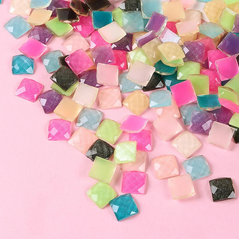 

100Pcs Glitter Jelly Color Flatback Resin Cabochon Rhinestone Square Shape Crystal DIY Scrapbooking Decoration Crafts 12mm 10mm