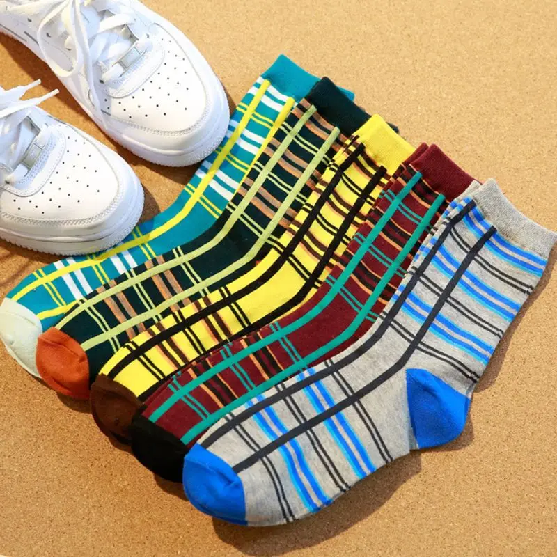 

5 Pairs Mens Autumn Contrast Color Vertical Horizontal Stripes Cotton Crew Socks AXYD