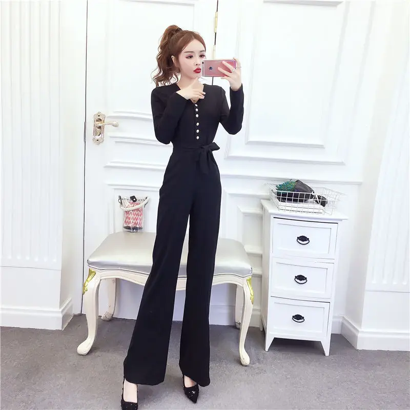 

Женский Длинный комбинезон с поясом, повседневный однотонный комбинезон с V-образным вырезом, весна-осень 2021