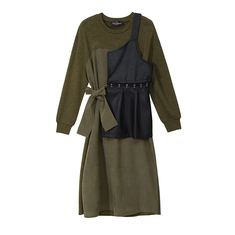 green GCC2871 XITAO, плиссированное Бандажное платье, женская мода, новинка, Зимняя мода, полный рукав, пэтчворк, ложные, две части, повседневное платье, GCC2871 - Цвет: green GCC2871
