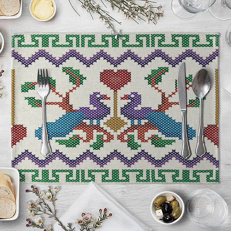 Льняная подстилка с геометрическим рисунком тропических растений цветов птиц