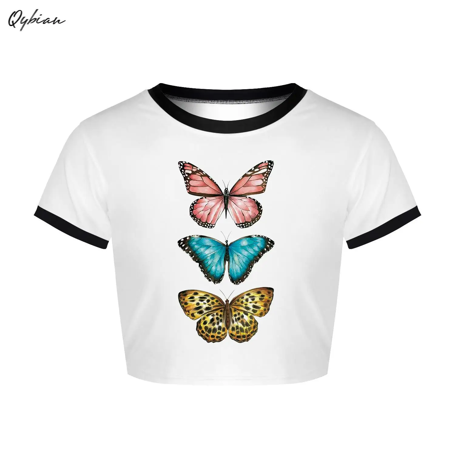 

Popular Color Butterfly Digital Printing Women Casual Round Neck Short Crop Top Hot Short Sleeves T-shirt T-shirt Women T Shirts