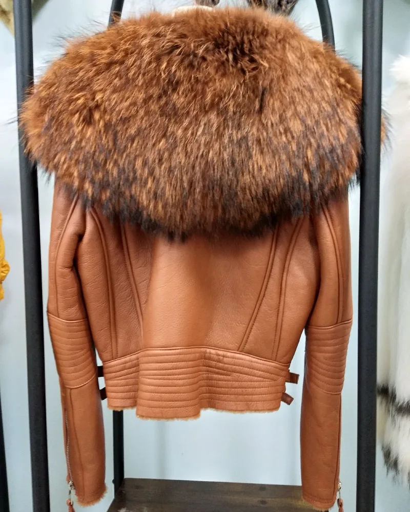 genuine leather jacket women coat winter sheepskin coats wool parka real oversized raccoon dog fur collar | Женская одежда
