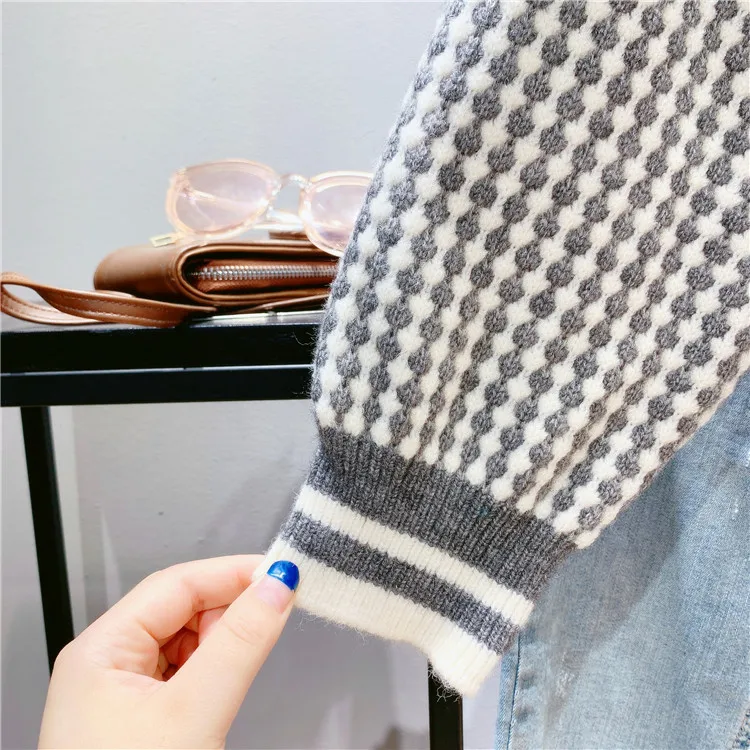 Новинка 2020 женский осенний свитер с круглым вырезом теплый в клетку длинным