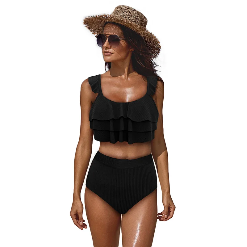 

Custom Hot Sale Designers Bikini Sexy 2 Piece Solid Color Ruffles Bath Suit Swimwear