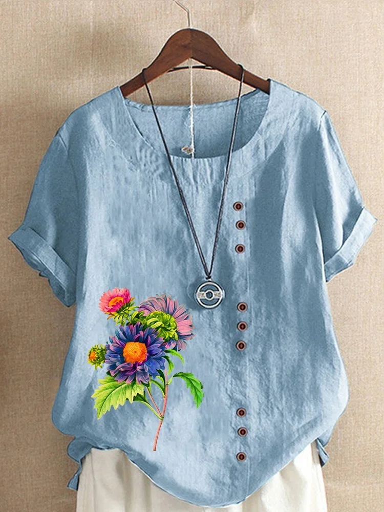 

Summer Casual Flowers Print Loose T-shirts Vintage Cotton and Linen O-Neck Plus Size Short Sleeve Blouse Tops For Women S-5XL