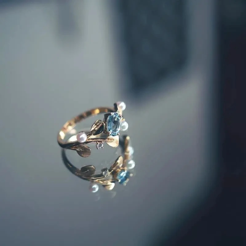

[Sea of Love] S925 Sterling Silver Aquamarine Ring Rings Gemstone Inlaid Akoya Pearl Open Mouth Exquisite