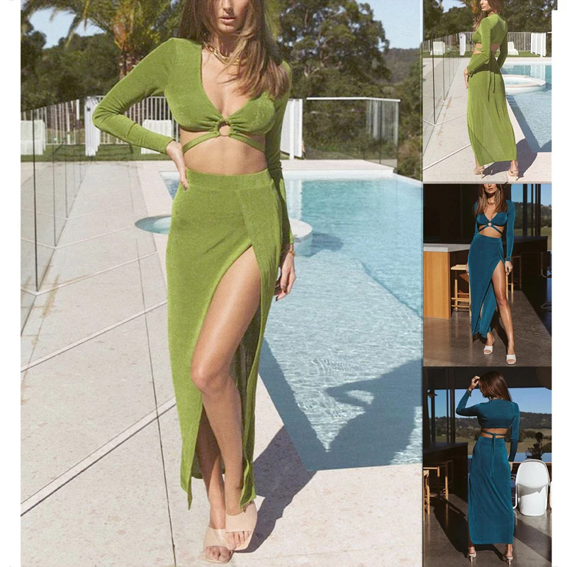 

Kayotuas Women 2Pcs Office Ladies Deep V-Neck Short T-Shirt Tops+Bodycon Split Maxi Sexy Skirt Matching Sets Party Clubwear