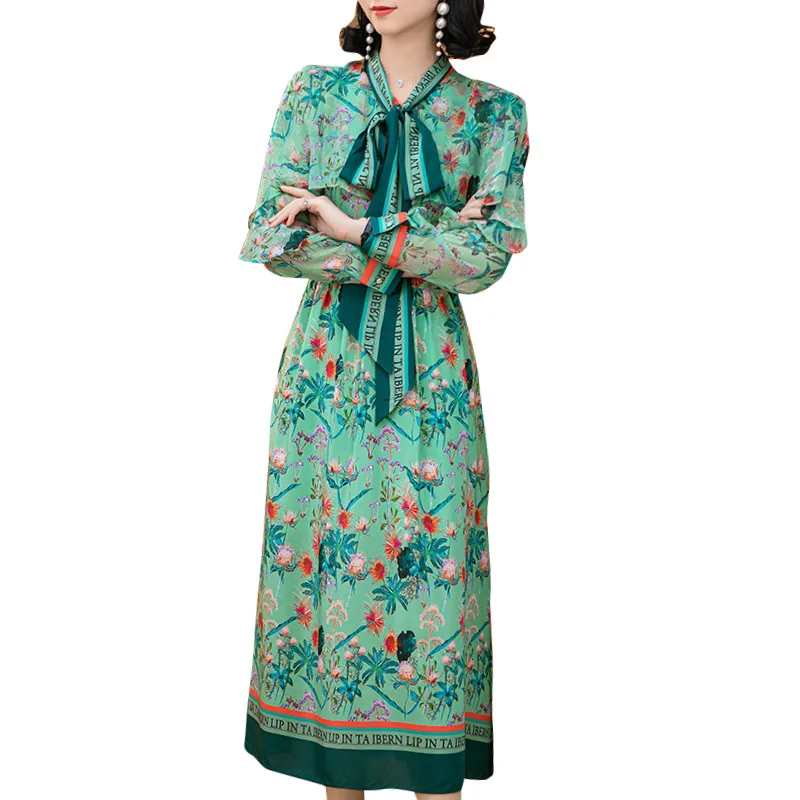 Женское длинное платье из натурального шелка элегантное офисное с цветочным