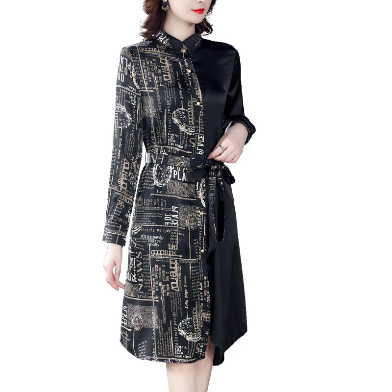 

2021 Vintage Casual Office 5XL Plus Size Midi Dress Spring Autumn Print Satin Shirt Dresses Bodycon Women Party Classy Vestidos