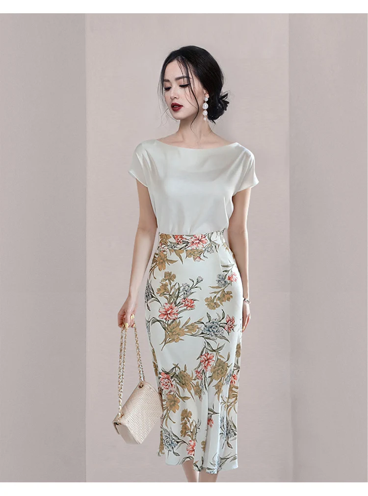 

Summer New Korean Round Neck Short Sleeved Top + High Waist Printed Bodycon Skirt Women's Office Lady Elegant Two-Piece Sets