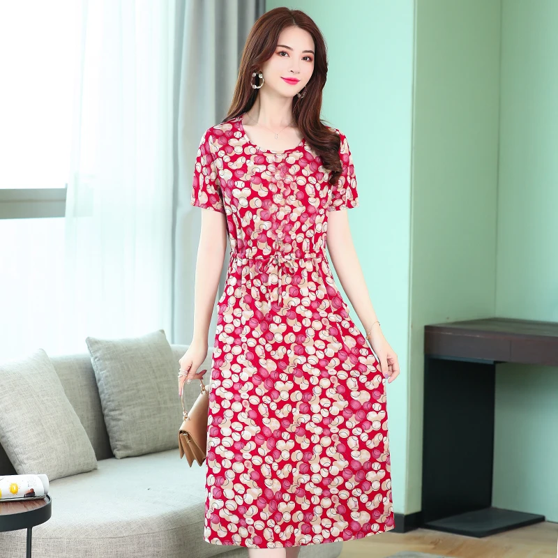 

Women's Summer Dresses New 2020 Middle-Aged Fashion Print Loose Dress Casual Short Sleeve Plus Size Long Dress Vestidos