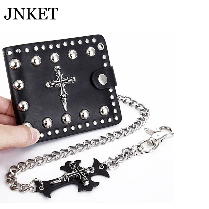 

JNKET Punk Skull Crucifix Menâ€˜s PU Leather Wallet Detachable Metal Chain Rock Clutch Wallet Money Clip Folded Purse Billfold