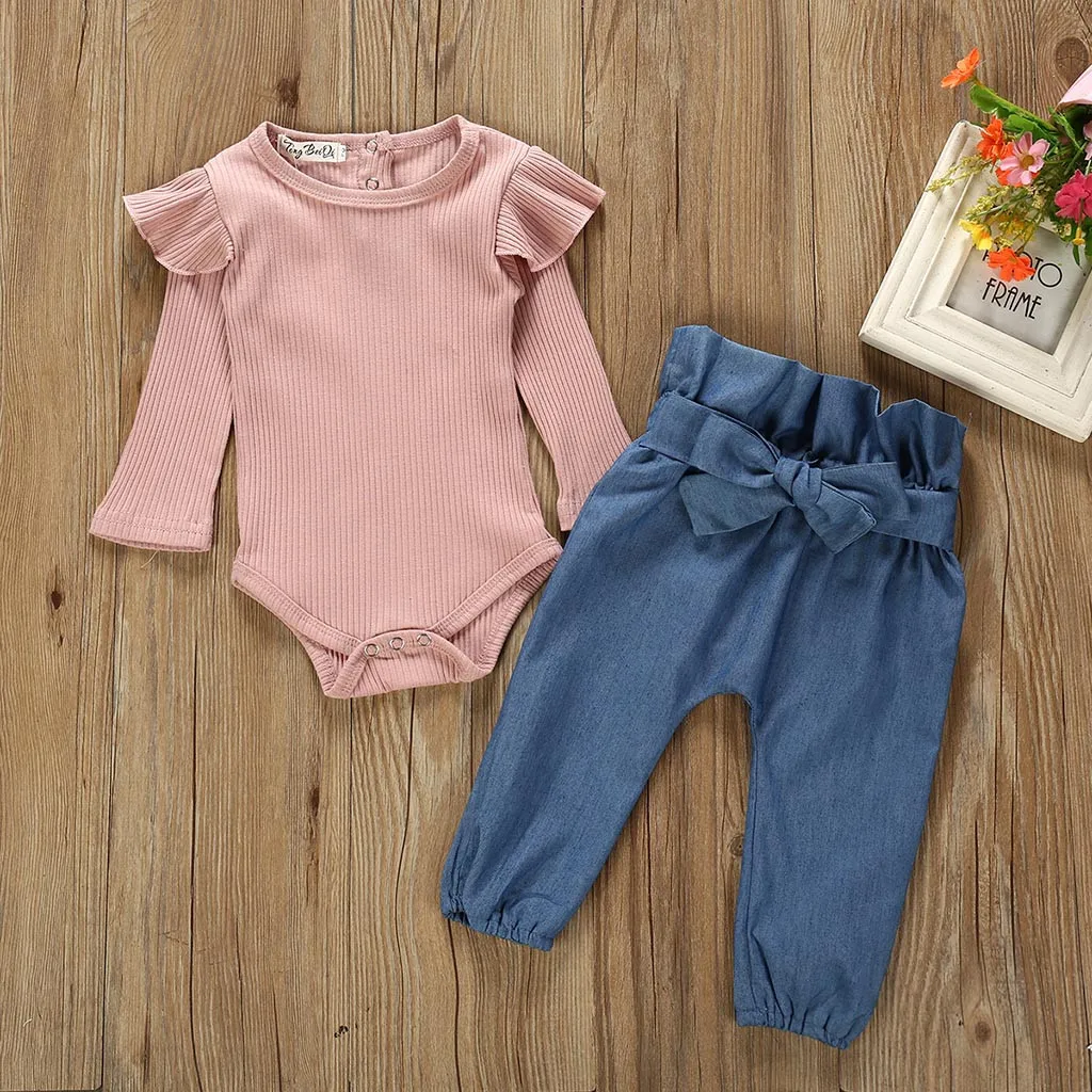 

TELOTUNY Children's clothing Newborn Kids Baby Girls Solid Long Sleeve Ruffles Romper Bodysuit Top+Denim Pants Outfits Set Jun20