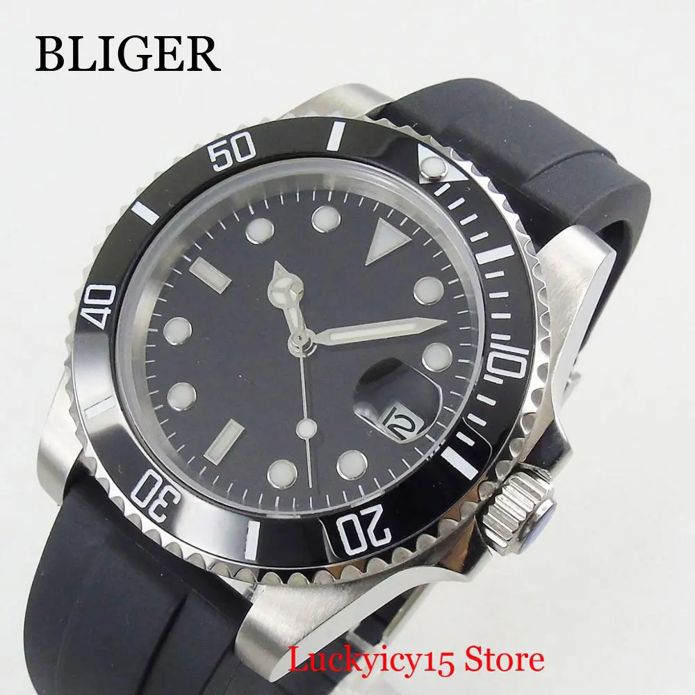 BLIGER Automatic Wristwatch Sapphire Glass Date Function Ceramic Bezel 40mm Silver Case MIYOTA Movement