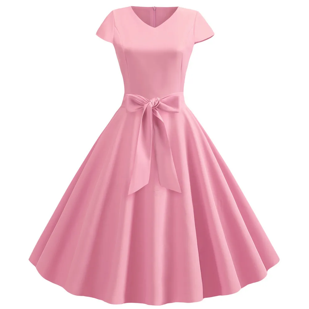 

2019eaby Hot Selling Summer Vintage V-neck Short Sleeved Solid Color Casual Expandable Dress